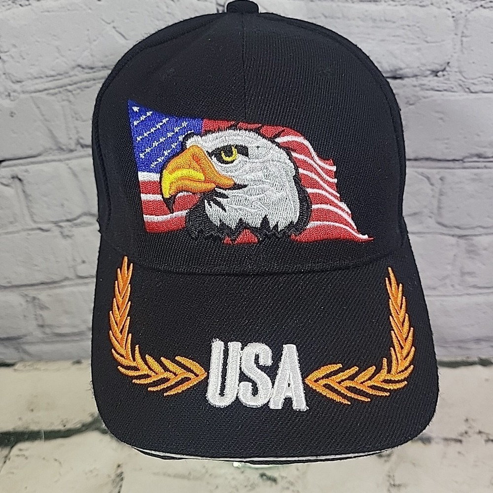 USA Patriotic Hat Embroidered Bald Eagle Waving Flag Black One Size Ball Cap